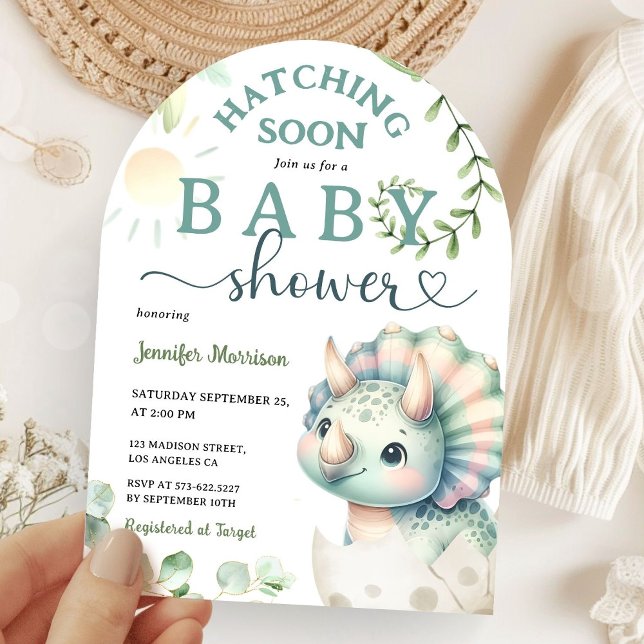 Hatching Soon Dinosaur Baby Shower Girl Arch Invitation (Creator Uploaded)