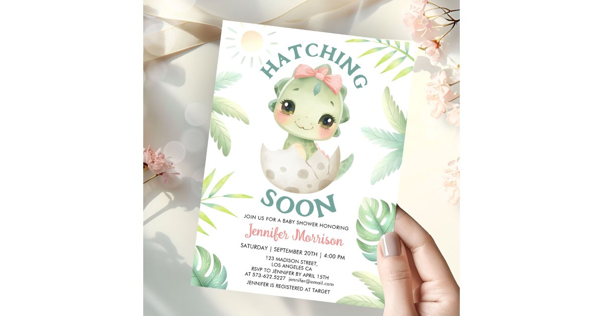 Hatching Soon Dinosaur Baby Shower Girl Pink Bow Invitation | Zazzle