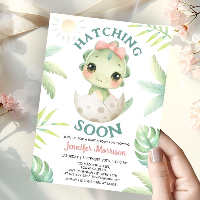 Hatching Soon Dinosaur Baby Shower Girl Pink Bow Invitation (Creator Uploaded)