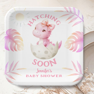 Hatching Soon Dinosaur Baby Shower Girl Pink Paper Plates