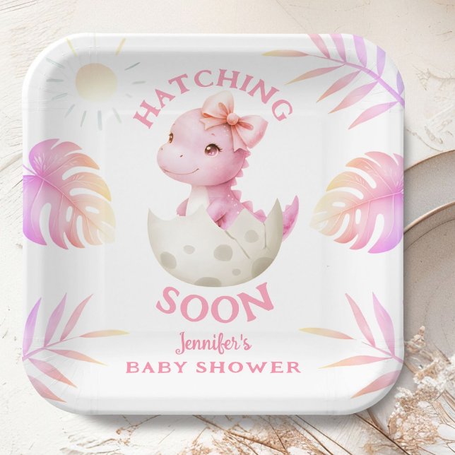 Hatching Soon Dinosaur Baby Shower Girl Pink Paper Plates (Creator Uploaded)