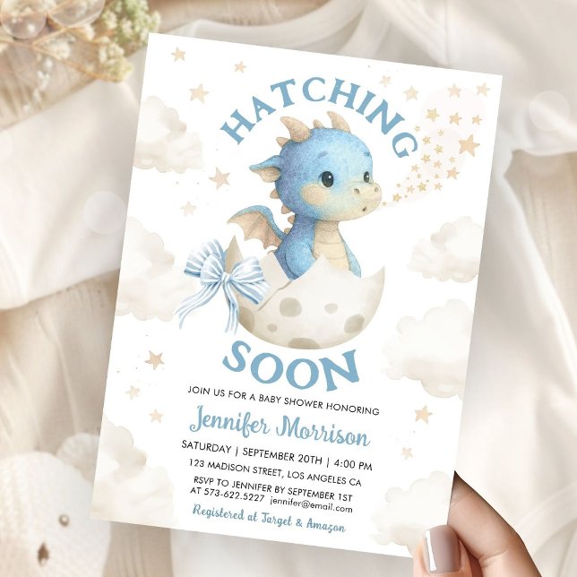 Hatching Soon Dragon Baby Shower Boy Dusty Blue  Invitation (Creator Uploaded)