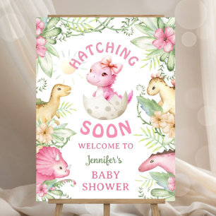 Hatching Soon Girl Dino Baby Shower Welcome Sign