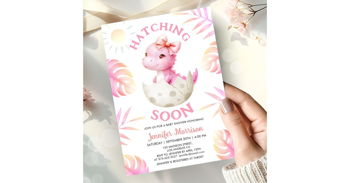 Hatching Soon Girl Dinosaur Baby Shower Cute Pink Invitation | Zazzle