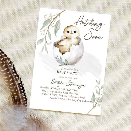 Hatching soon little bird inside egg baby shower invitation