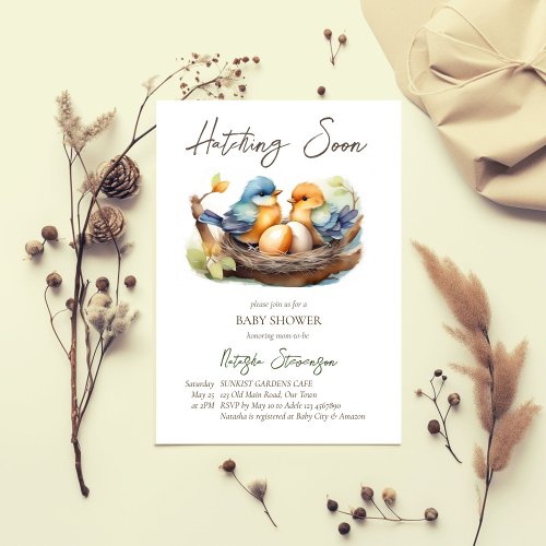 Hatching soon little birds nest spring baby shower invitation