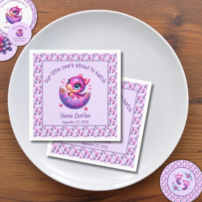 "Hatching Soon" Purple Dinosaur Baby Shower Napkins ("Hatching Soon" Dinosaur Baby Shower Lavender Napkins)