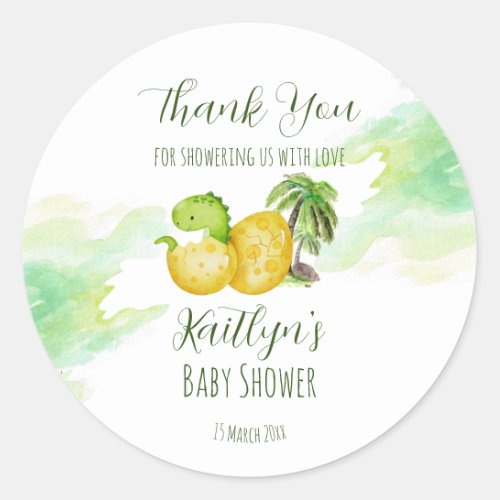 Hatching soon watercolor green baby dinosaur classic round sticker