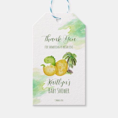 Hatching soon watercolor green baby dinosaur  gift tags