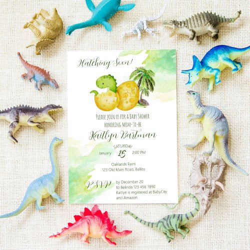 Hatching soon watercolor green baby dinosaur invitation