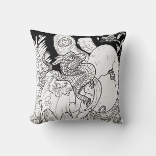 Hatchling Dragon line art ink drawing Throw Pillow