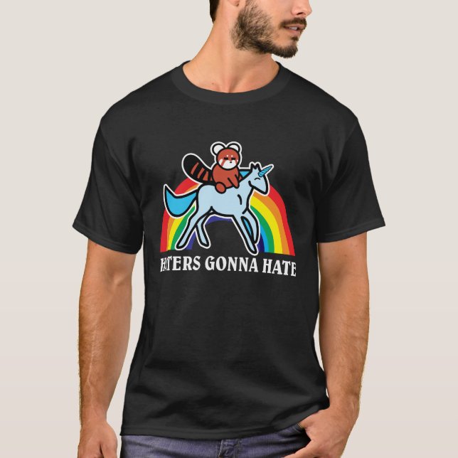 Haters Gonna Hate Funny Red Panda Riding Unicorn T-Shirt (Front)