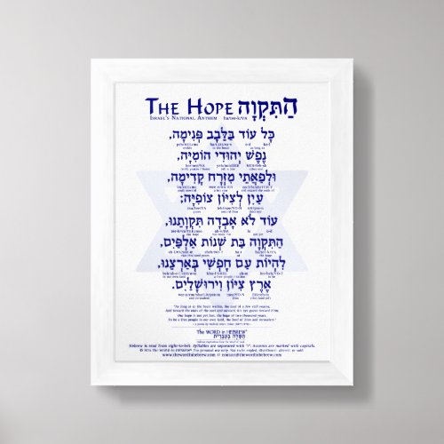 Hatikva in Hebrew _ Israels National Anthem Framed Art
