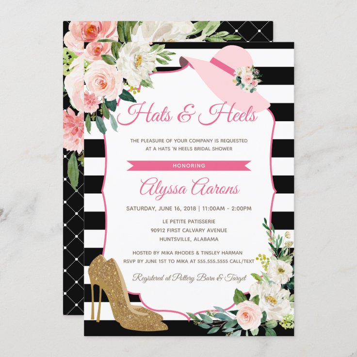 Hats & Heels Derby Black Pink Bridal Shower Floral Invitation | Zazzle