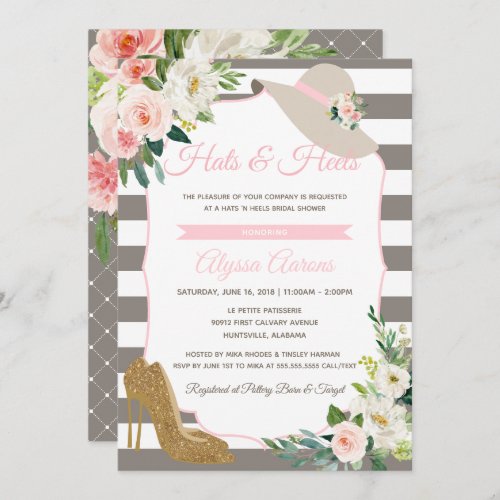 Hats  Heels Derby Greige Bridal Shower Floral Invitation