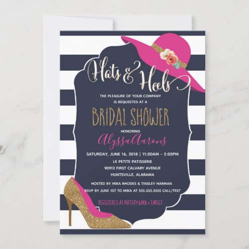 Hats  Heels Navy Blue Pink Bridal Shower Invitation