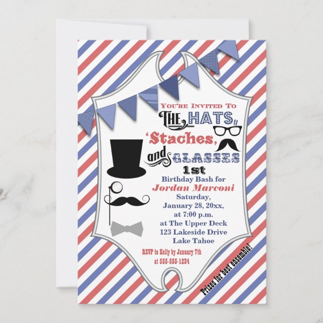 Hats, Mustaches, and Glasses 1st Birthday Invite (Front)