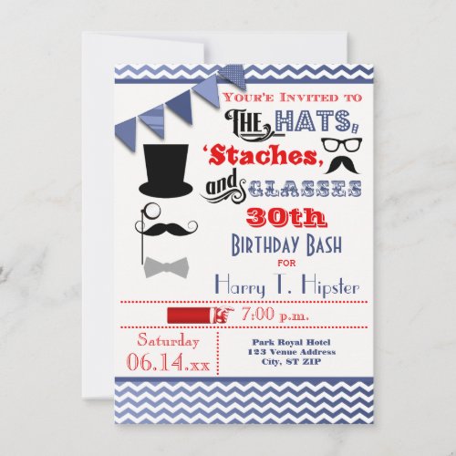 Hats, Mustaches, and Glasses 30th Birthday Invite