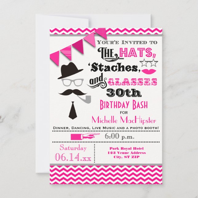 Hats, Mustaches, and Glasses 30th Birthday Invite (Front)