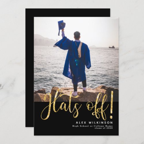 Hats Off Gold Calligraphy Photo Graduation Invitation