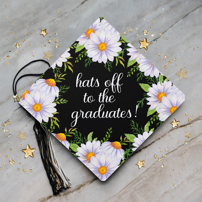 Hats Off Graduates White Daisies Floral Black Graduation Cap Topper (Creator Uploaded)