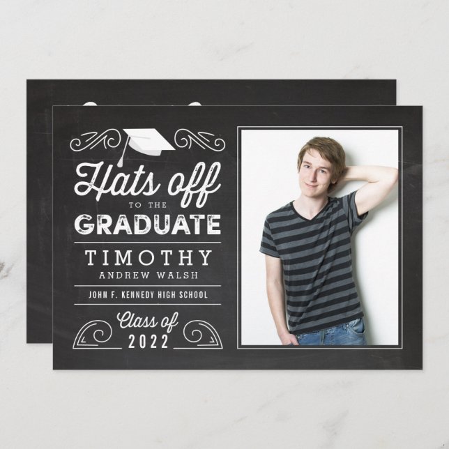 Hats Off Graduation Chalkboard Invitation (Front/Back)