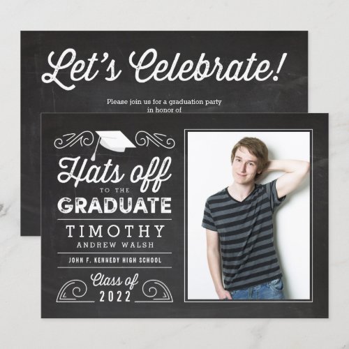 Hats Off Graduation Chalkboard Invitation
