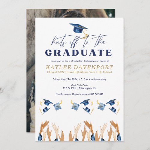 Hats off Graduation party photo on back Invitation