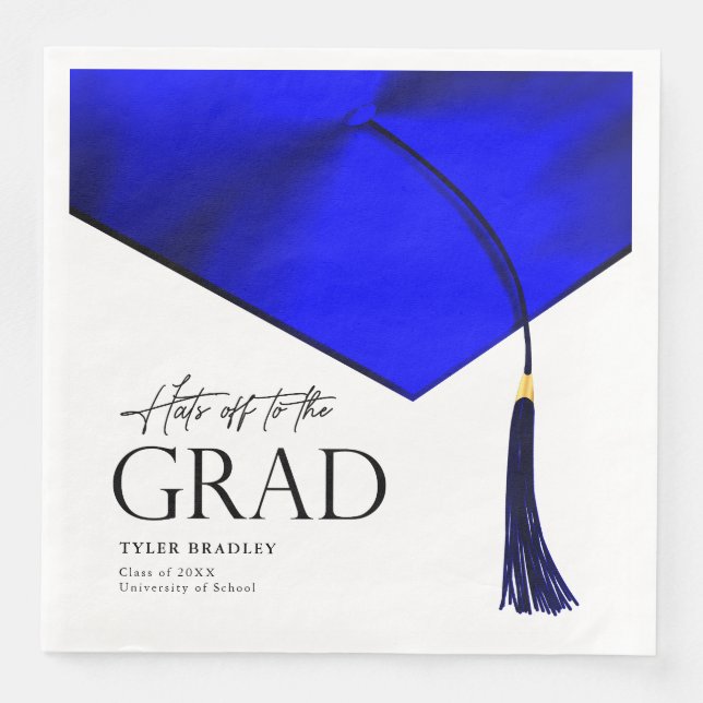 Hats Off To Grad Blue & Gold Mens Graduation Paper Dinner Napkins (Front)