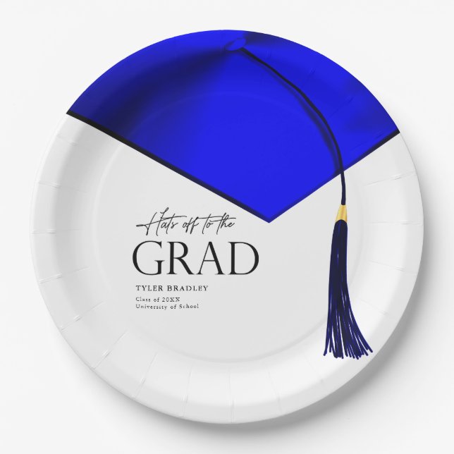 Hats Off To Grad Blue & Gold Mens Graduation Paper Plates (Front)