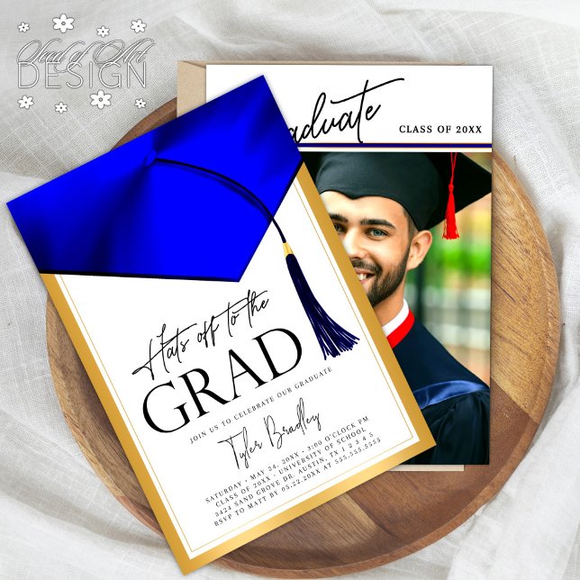 Hats Off To Grad Blue & Gold Mens Graduation Photo Invitation (Creator Uploaded)