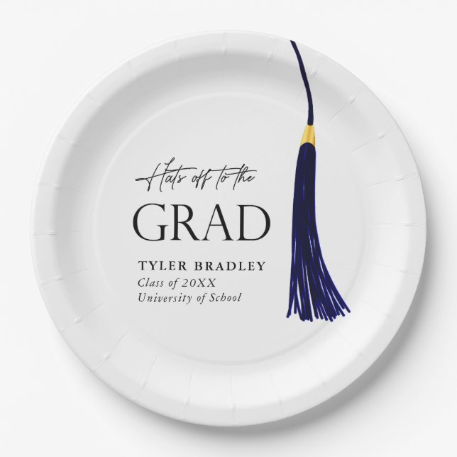 Hats Off To Grad Blue & Gold Tassel Graduation Paper Plates (Front)