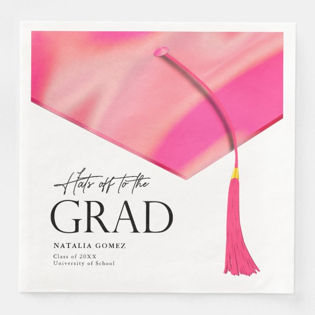 Hats Off To Grad Holographic Pink Gold Graduation Paper Dinner Napkins (Front)