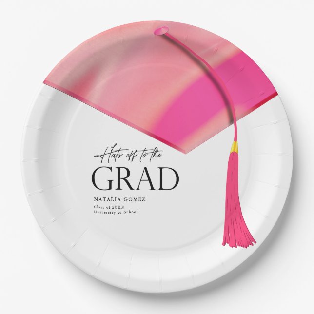 Hats Off To Grad Holographic Pink Gold Graduation Paper Plates (Front)