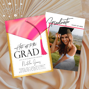 Hats Off To Grad Pink & Gold Graduation Photo Invitation