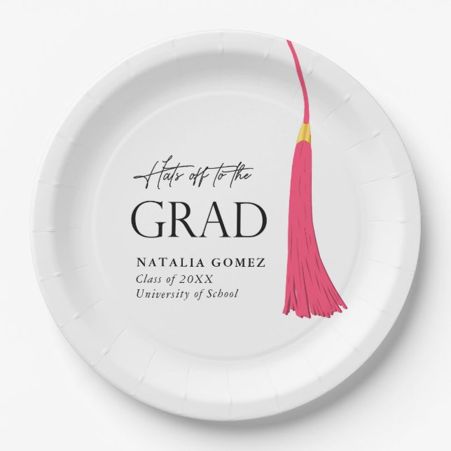 Hats Off To Grad Pink & Gold Tassel Graduation Paper Plates (Front)