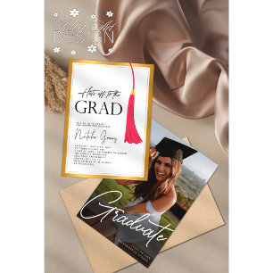 Hats Off To Grad Pink Gold Tassel Graduation Photo Invitation