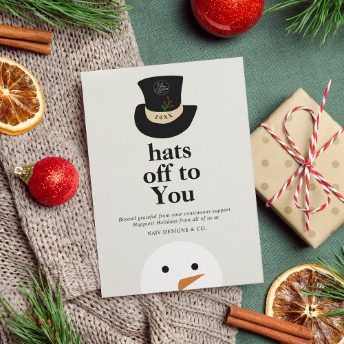 Hats Off To You Snowman Black White Company Logo Holiday Card