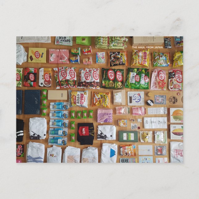 Haul of chocolate, candy, souvenirs Japan Postcard (Front)