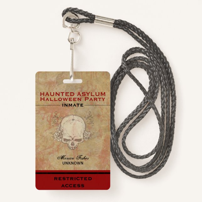 Haunted Asylum Halloween Party Inmate 3 Badge (Front with Lanyard)