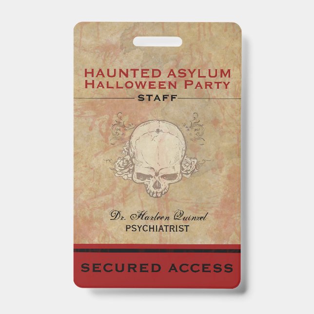 Haunted Asylum Halloween Party Staff Badge (Front)