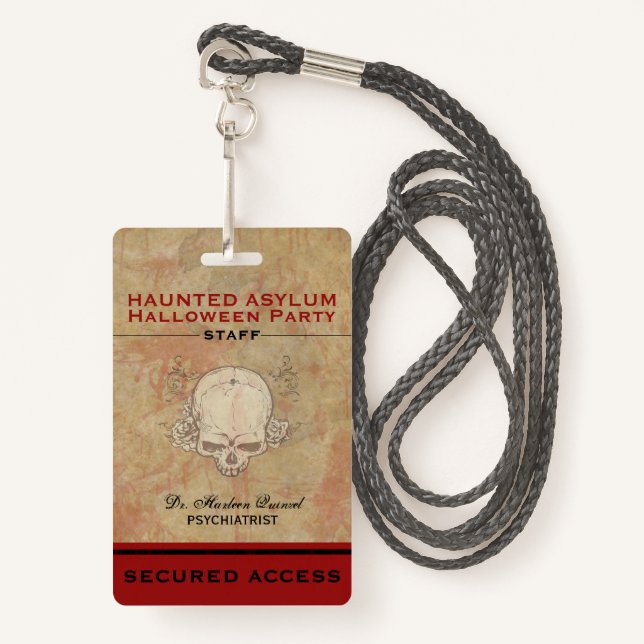 Haunted Asylum Halloween Party Staff Badge (Front with Lanyard)