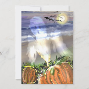 Haunted Beach With A Ghost And Pumpkins Holiday Card