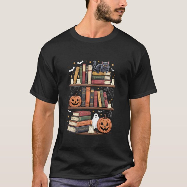 Haunted Bookshelf with Cat Pumpkins and Ghost T-Shirt (Front)