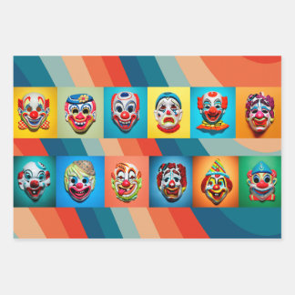 Haunted Carnival: Vintage Halloween Clown Masks Wrapping Paper Sheets