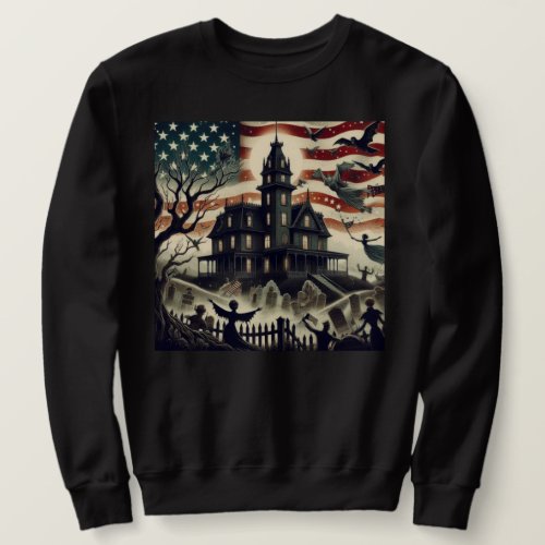 Haunted Castle American Flag and Halloween Ghosts Sweatshirt