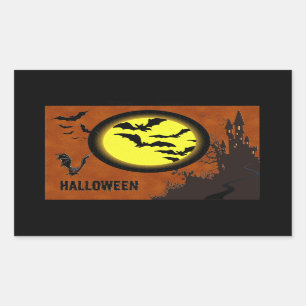 Haunted Castle, Bats and Yellow Moon Rectangular Sticker