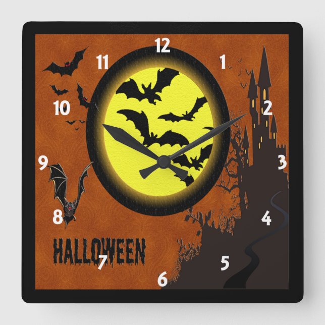 Haunted Castle, Bats and Yellow Moon Square Wall Clock (Front)