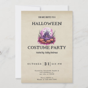 Haunted Castle Full Moon Bats Vintage Halloween Invitation