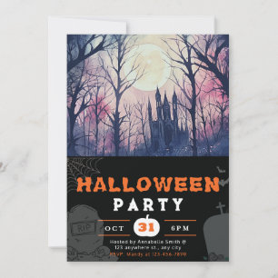 Haunted Castle Full Moon Pink Sky Black Halloween Invitation